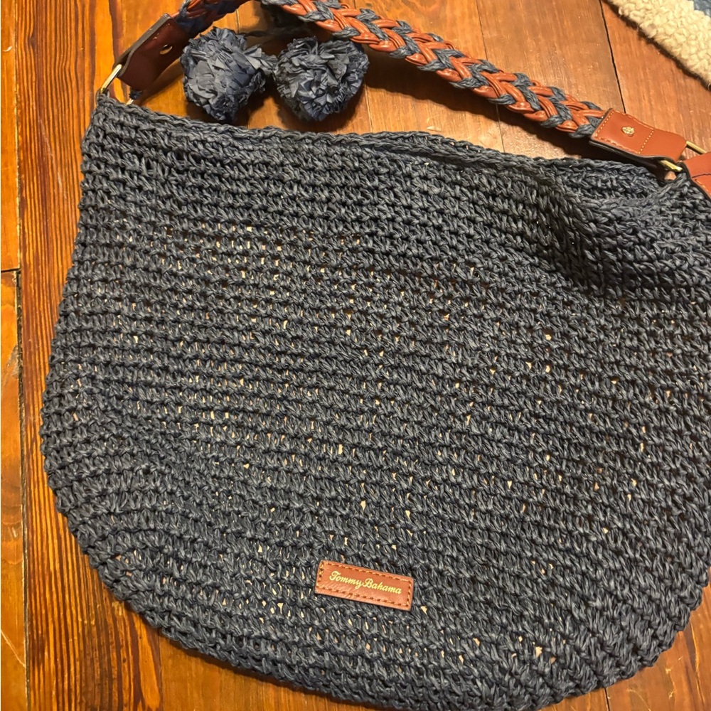 Tommy Bahama Navy Braided-Handle Woven Tote with Pom-Pom Accents